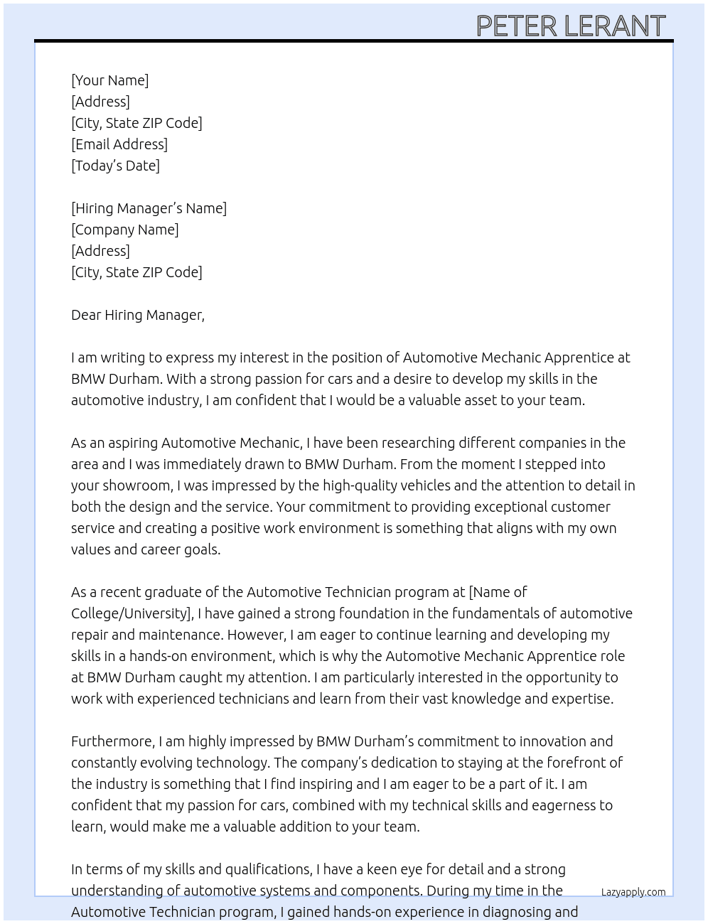 Automotive Mechanic Apprentice  At BMW Durham  Cover Letter