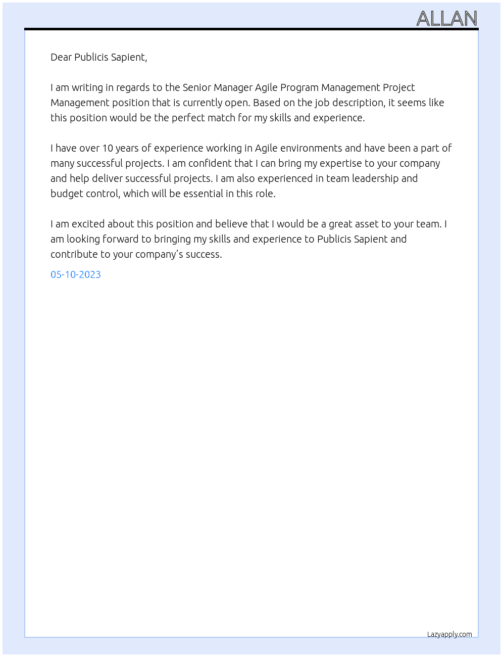 Senior Manager Agile Program Management Project Management At Publicis Sapient Cover Letter
