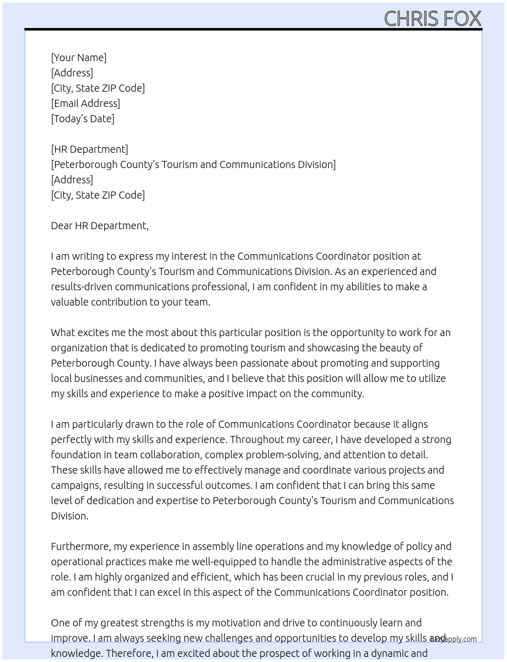 Communications Coordinator At Peterborough County's Tourism and Communications Division Cover Letter