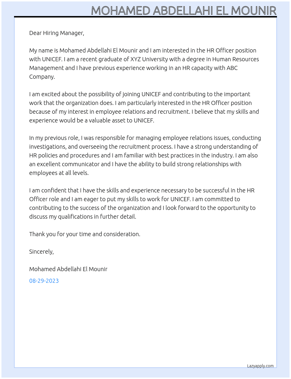 HR Officer At UNICEF Cover Letter