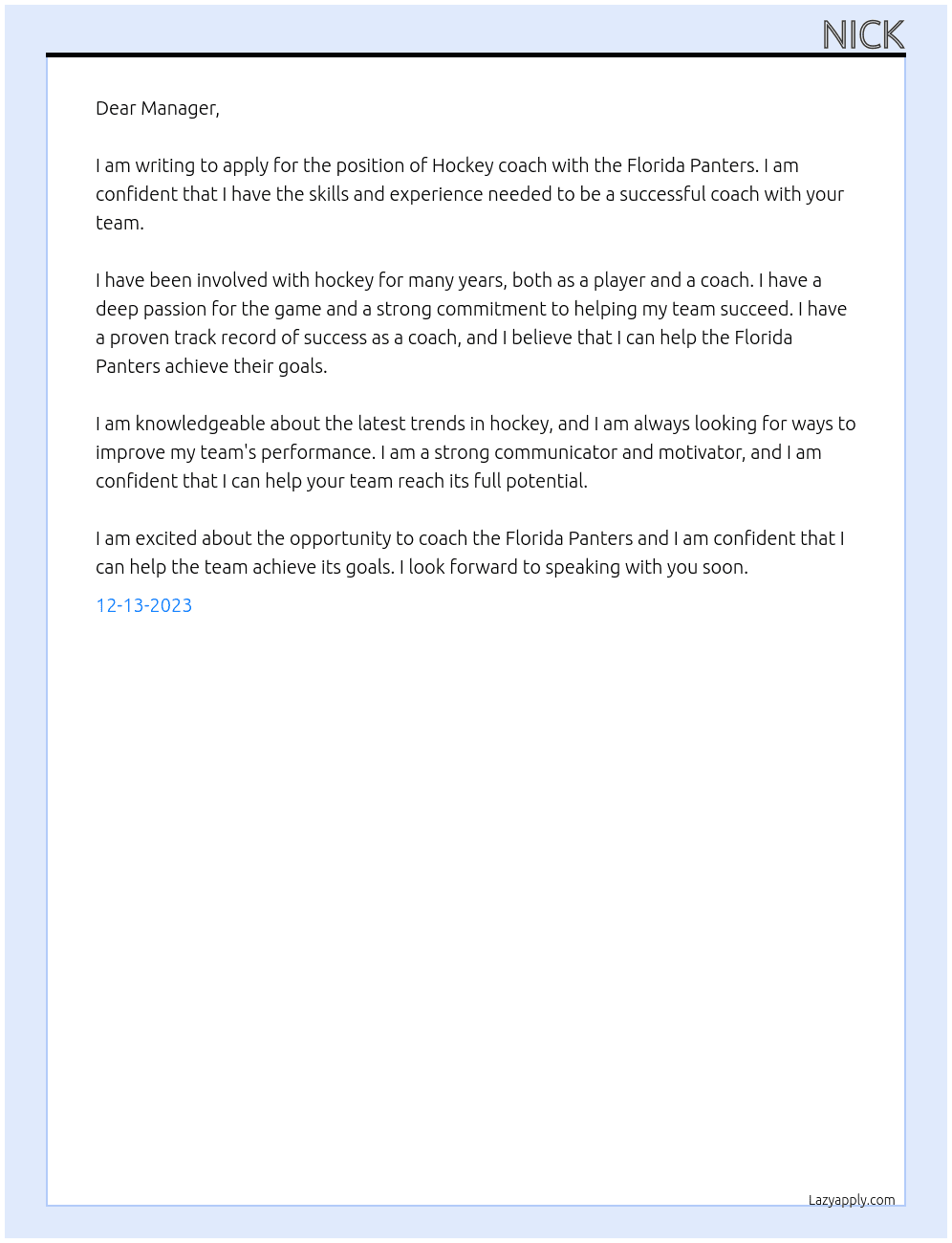 Hockey coach At Florida Panters Cover Letter