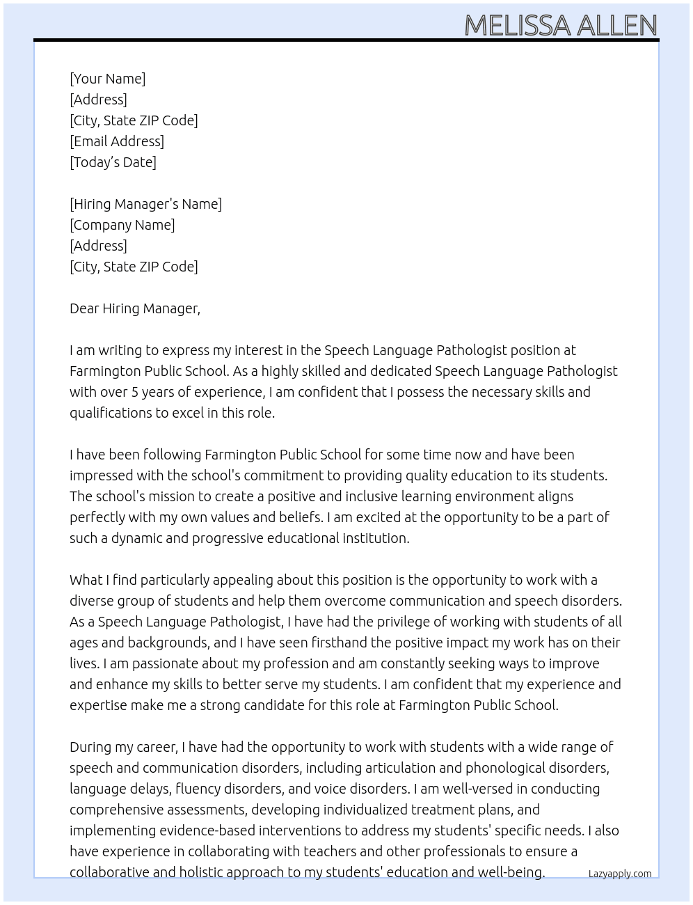 speech language pathologist  At Farmington Public School  Cover Letter