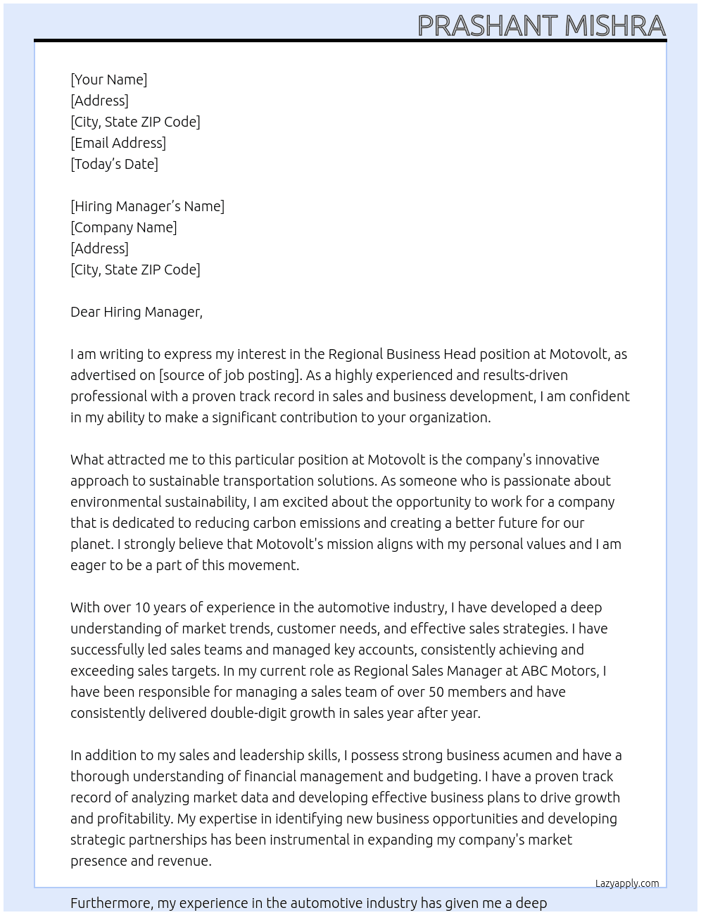 Regional Business Head At Motovolt Cover Letter