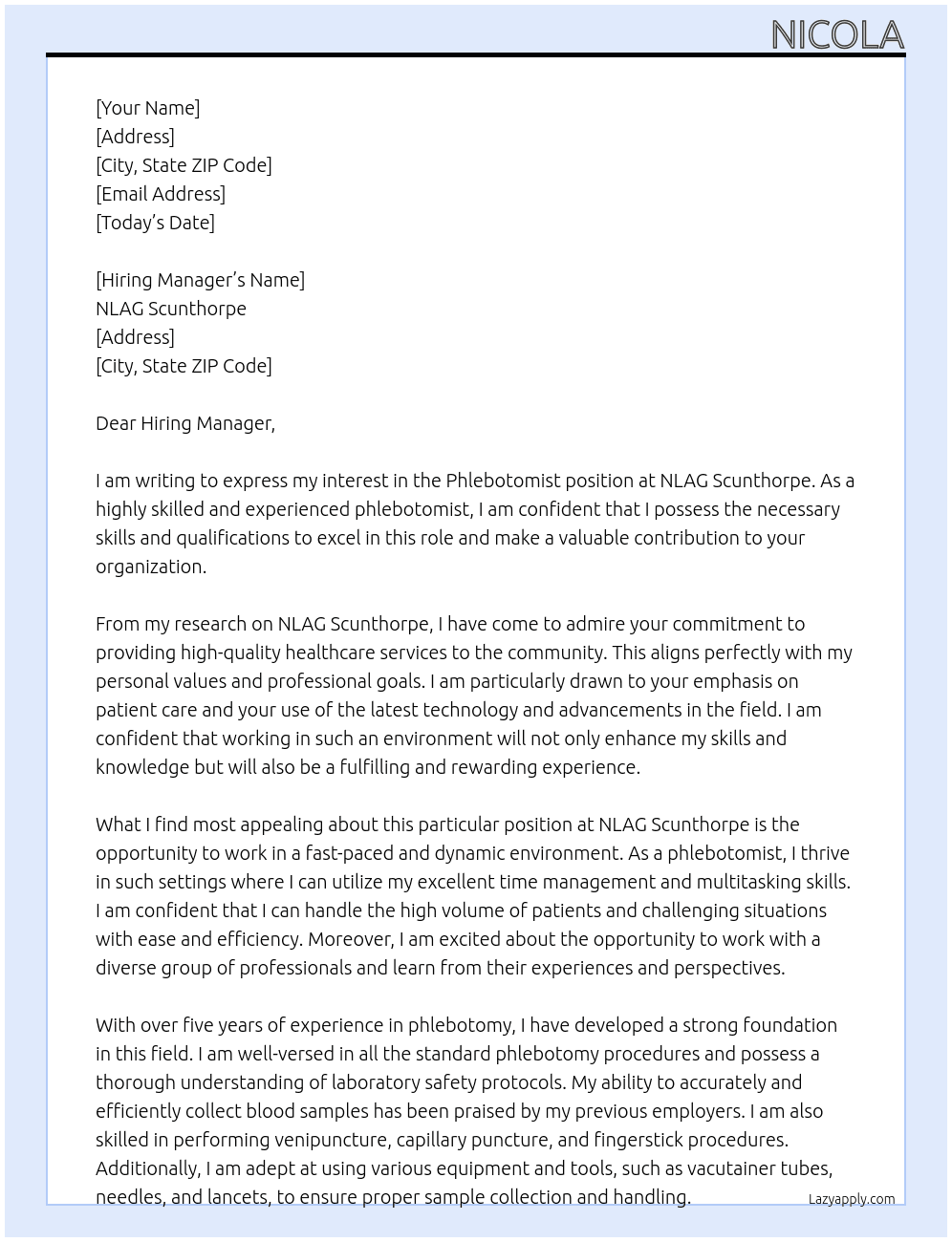 Phlebotomist  At NLAG Scunthorpe  Cover Letter