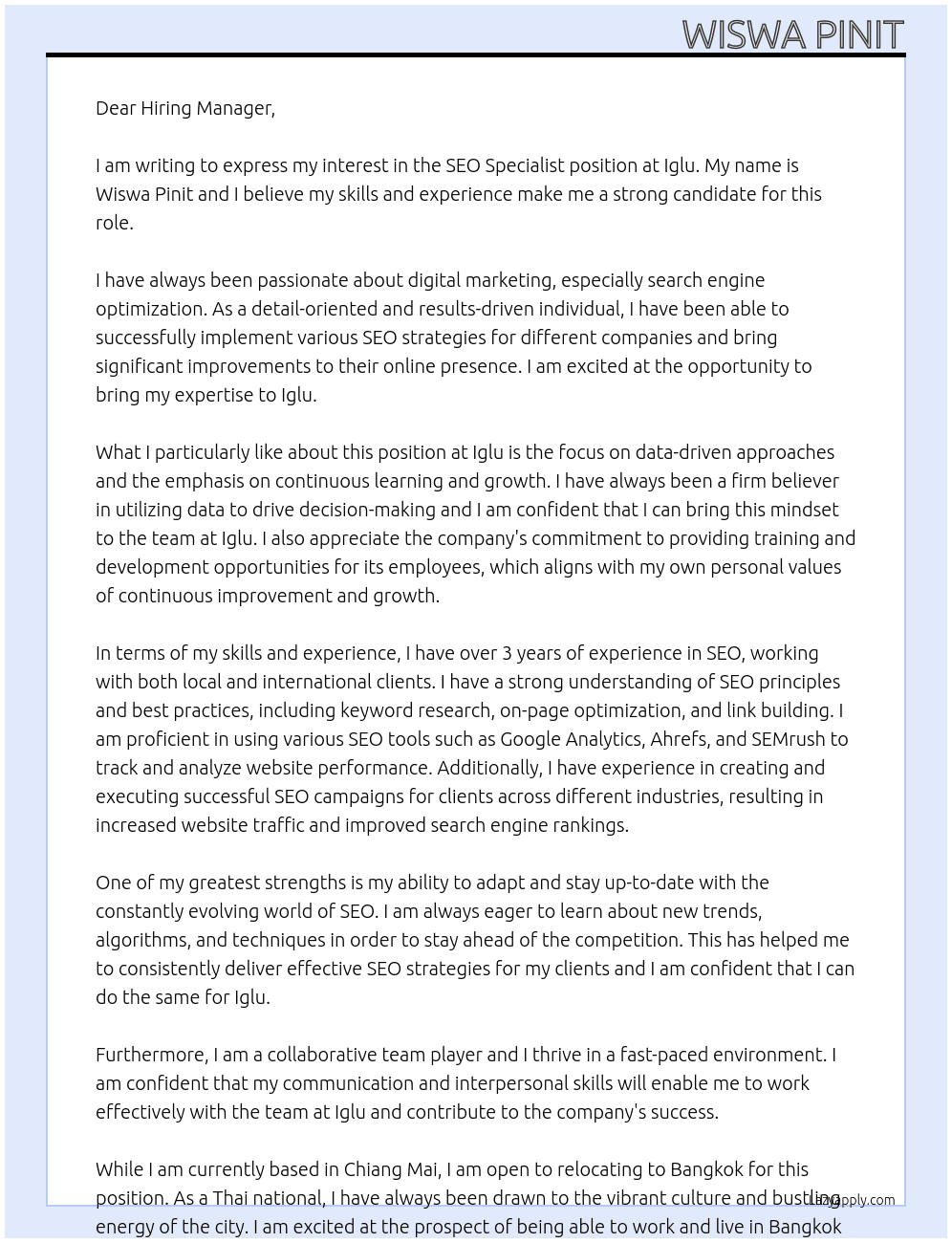 SEO Specialist  At Iglu Cover Letter