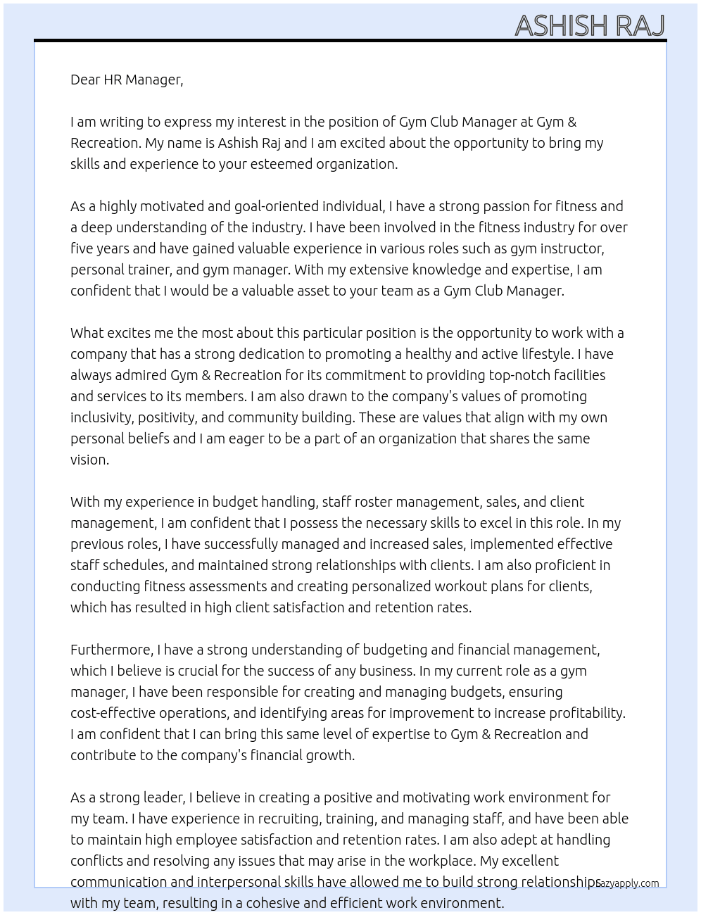 Gym Club Manager At Gym & Recreation  Cover Letter