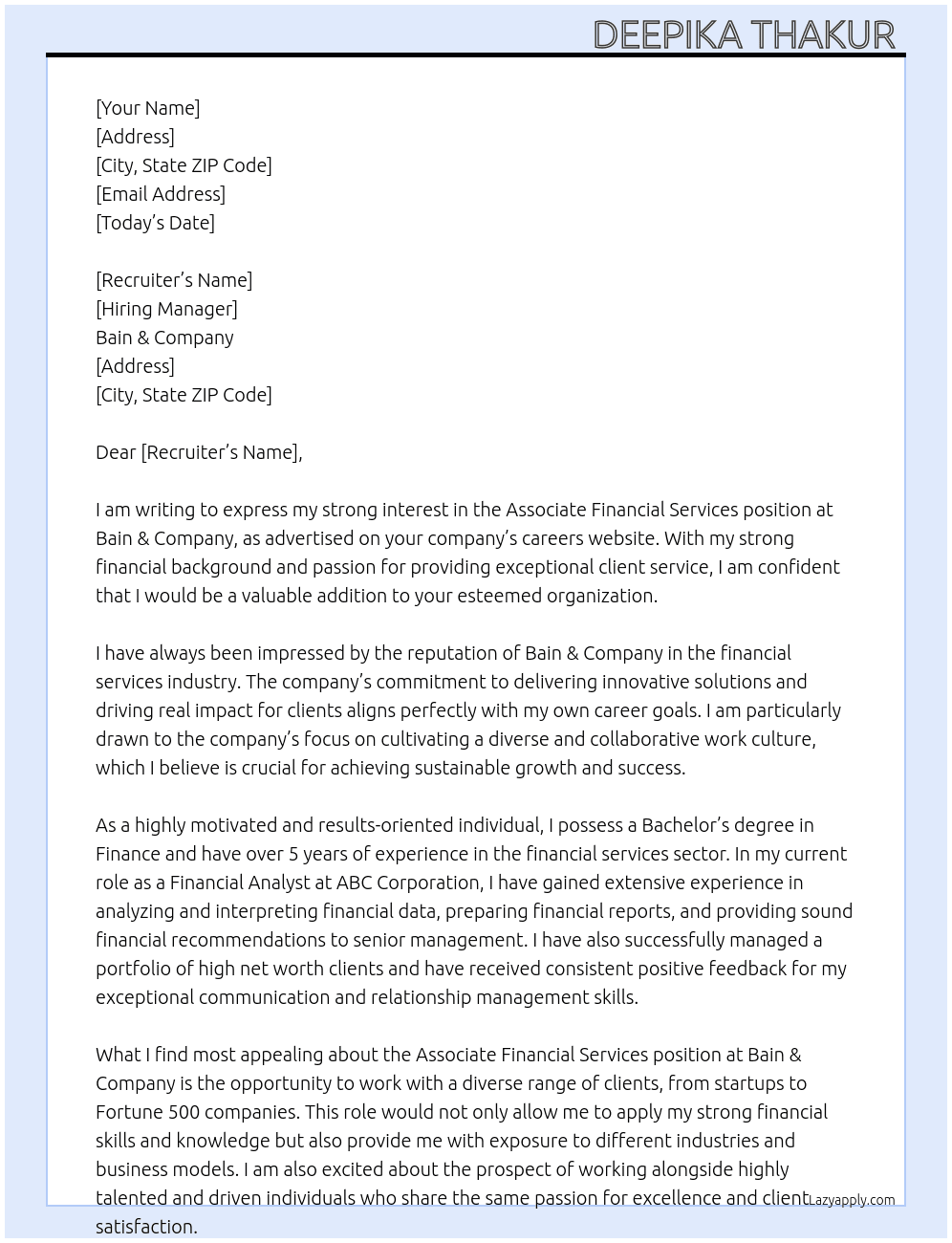 Cover letter for associate financial services - LazyApply