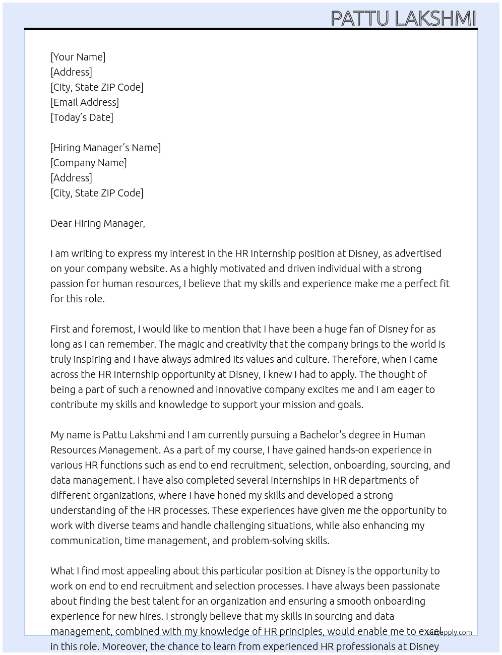 HR Internship At Disney Cover Letter