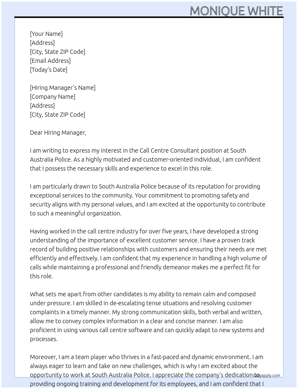 Call Centre Consultant  At South Australia Police Cover Letter