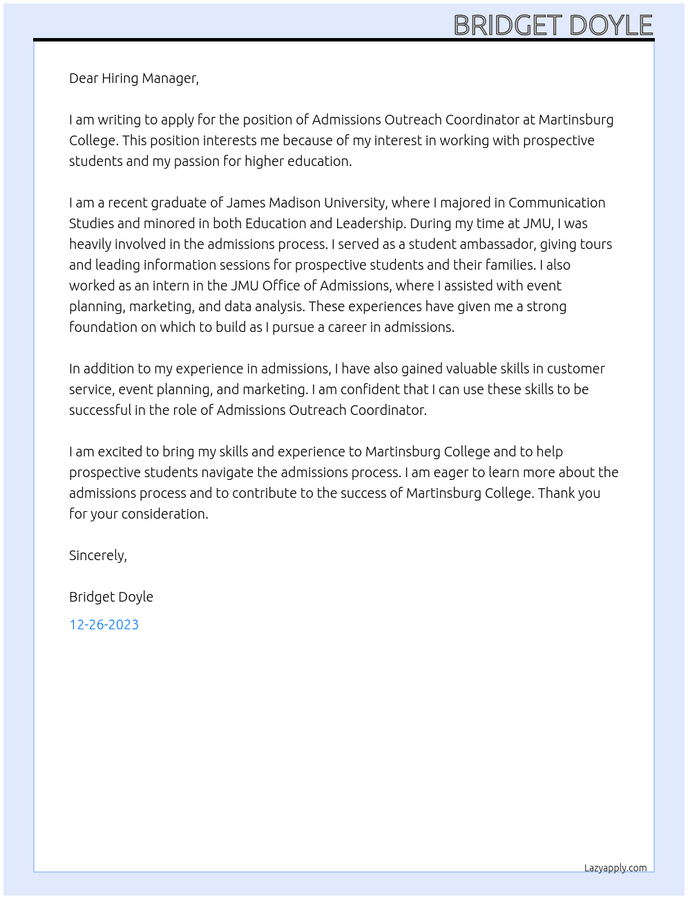 Admissions Outreach Coordinator At MARTINSBURG COLLEGE Cover Letter