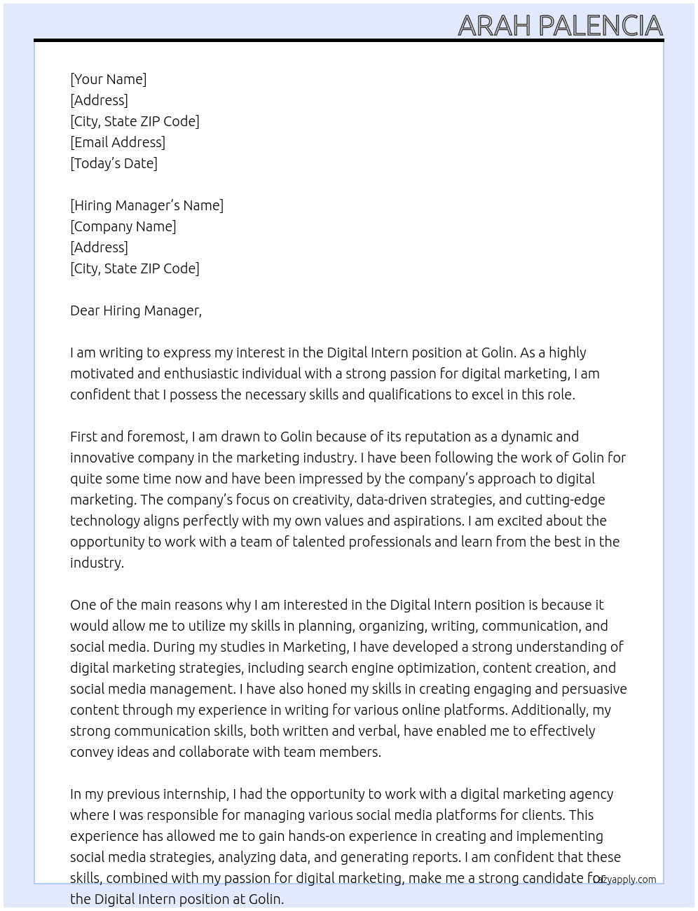 Digital Intern At Golin Cover Letter