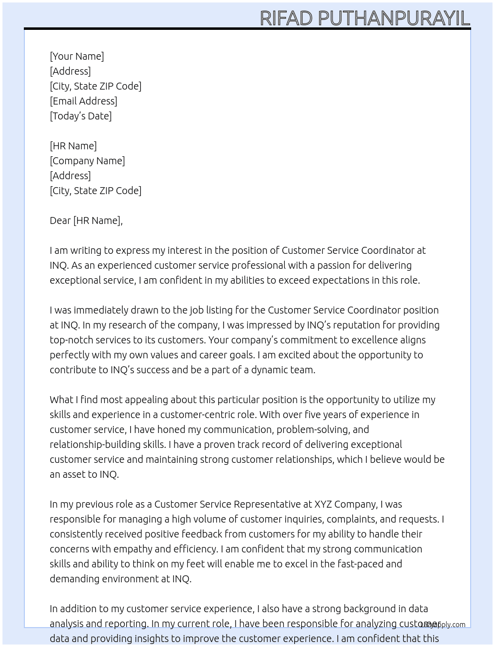 Customer service coordinator  At INQ Cover Letter