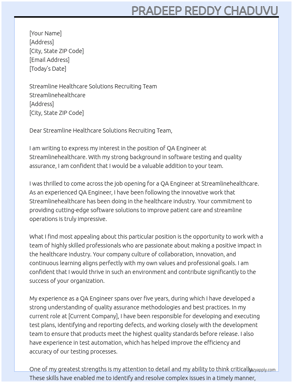 QA Engineer At Streamlinehealthcare Cover Letter