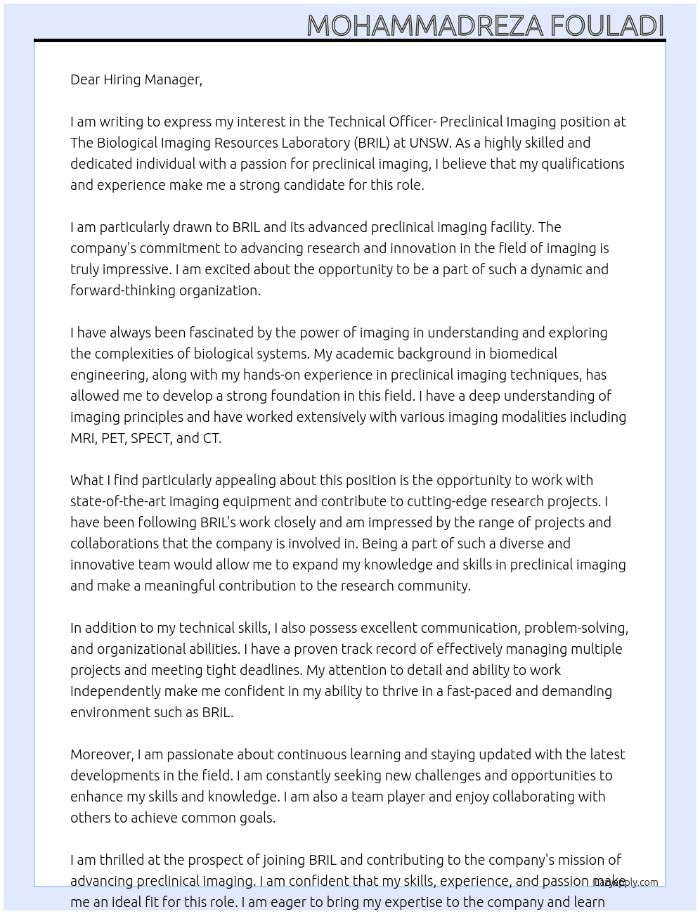 Cover letter for technical officer- preclinical imaging - LazyApply