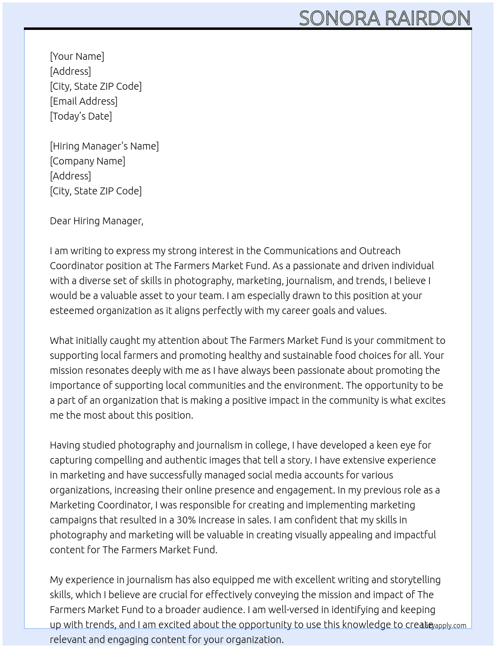 Communications and Outreach Coordinator At The Farmers Market Fund Cover Letter