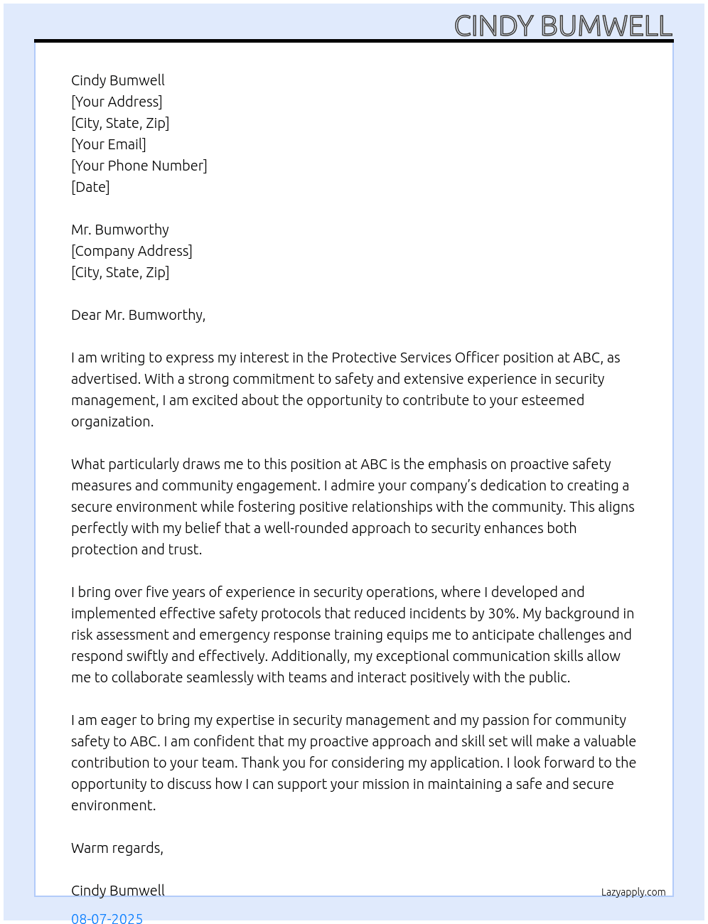 Protective Services Officer At ABC Cover Letter