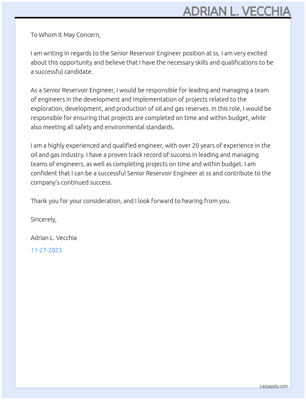 Senior Reservoir Engineer At ss Cover Letter