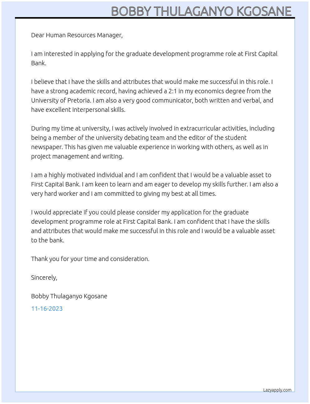 Graduate development programme  At First Capital Bank  Cover Letter