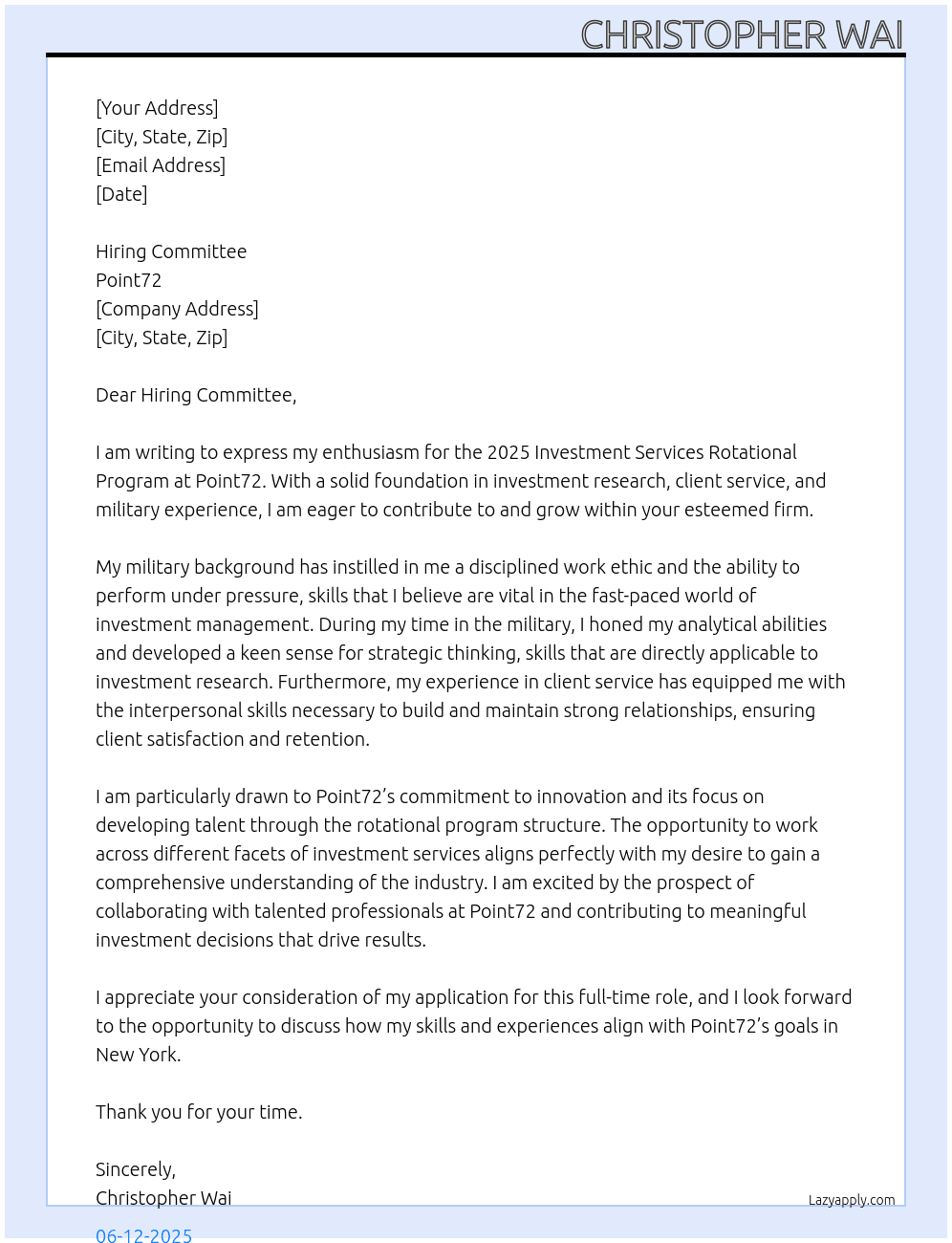 Cover letter for 2025 investment services rotational program - LazyApply