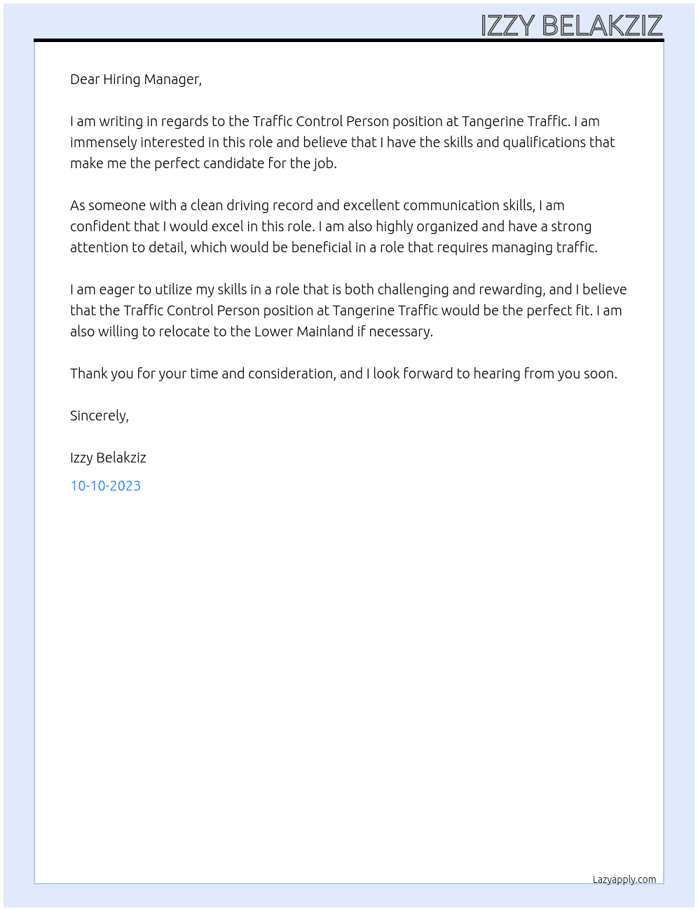 Traffic Control Person At Tangerine Traffic Cover Letter