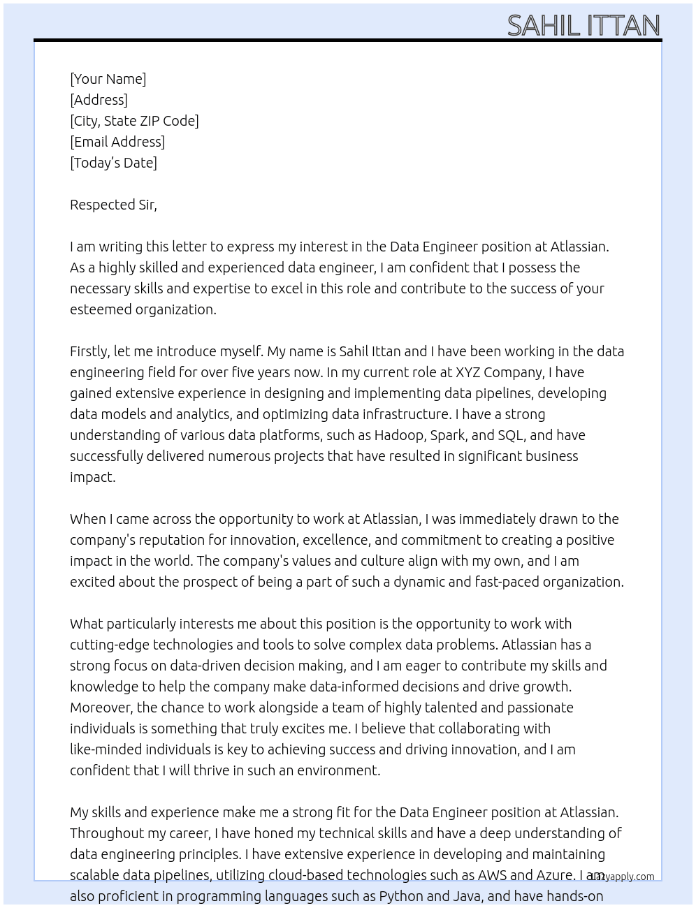 Data Engineer At Atlassian  Cover Letter