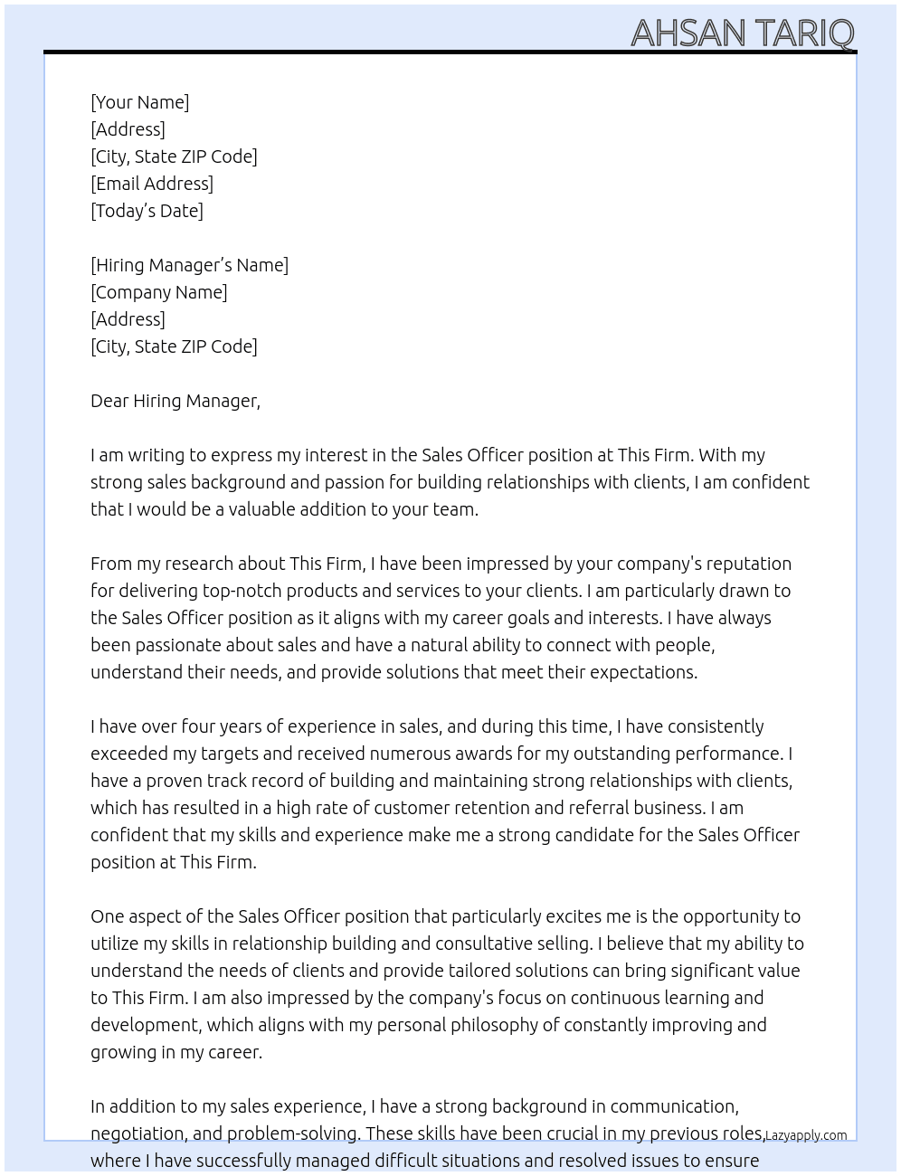 Sales Officer At This firm Cover Letter