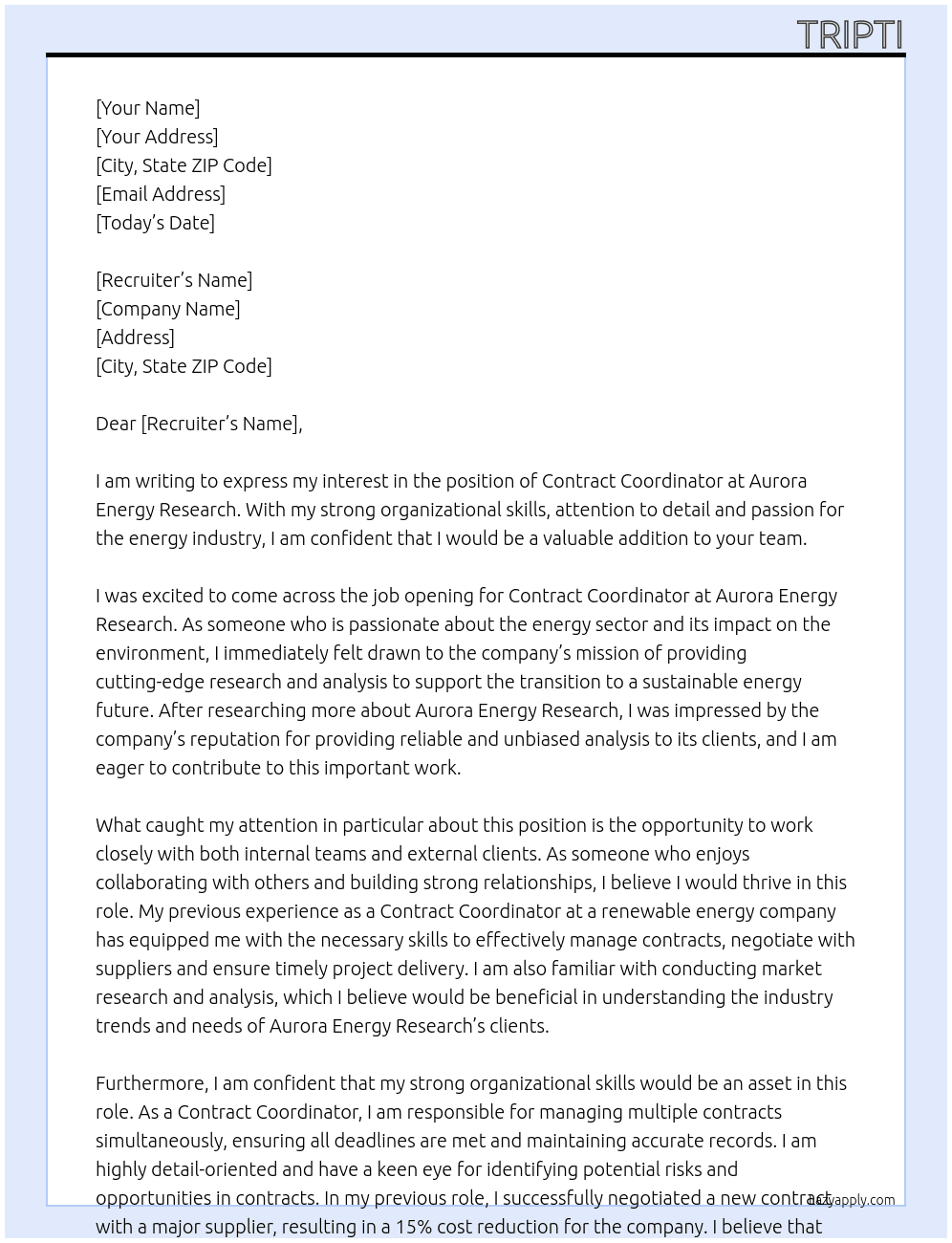 Contract coordinator  At Aurora energy research  Cover Letter