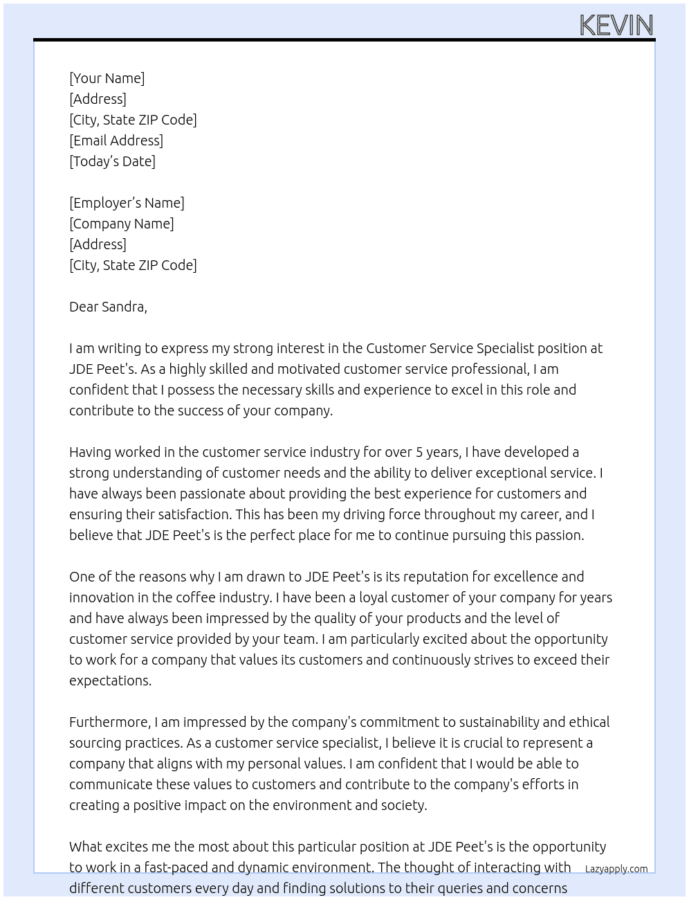 Customer service specialist At JDE Peet's Cover Letter