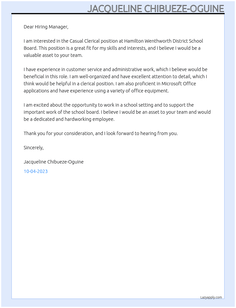 Casual Clerical At Hamilton Wenthworth District School Board Cover Letter