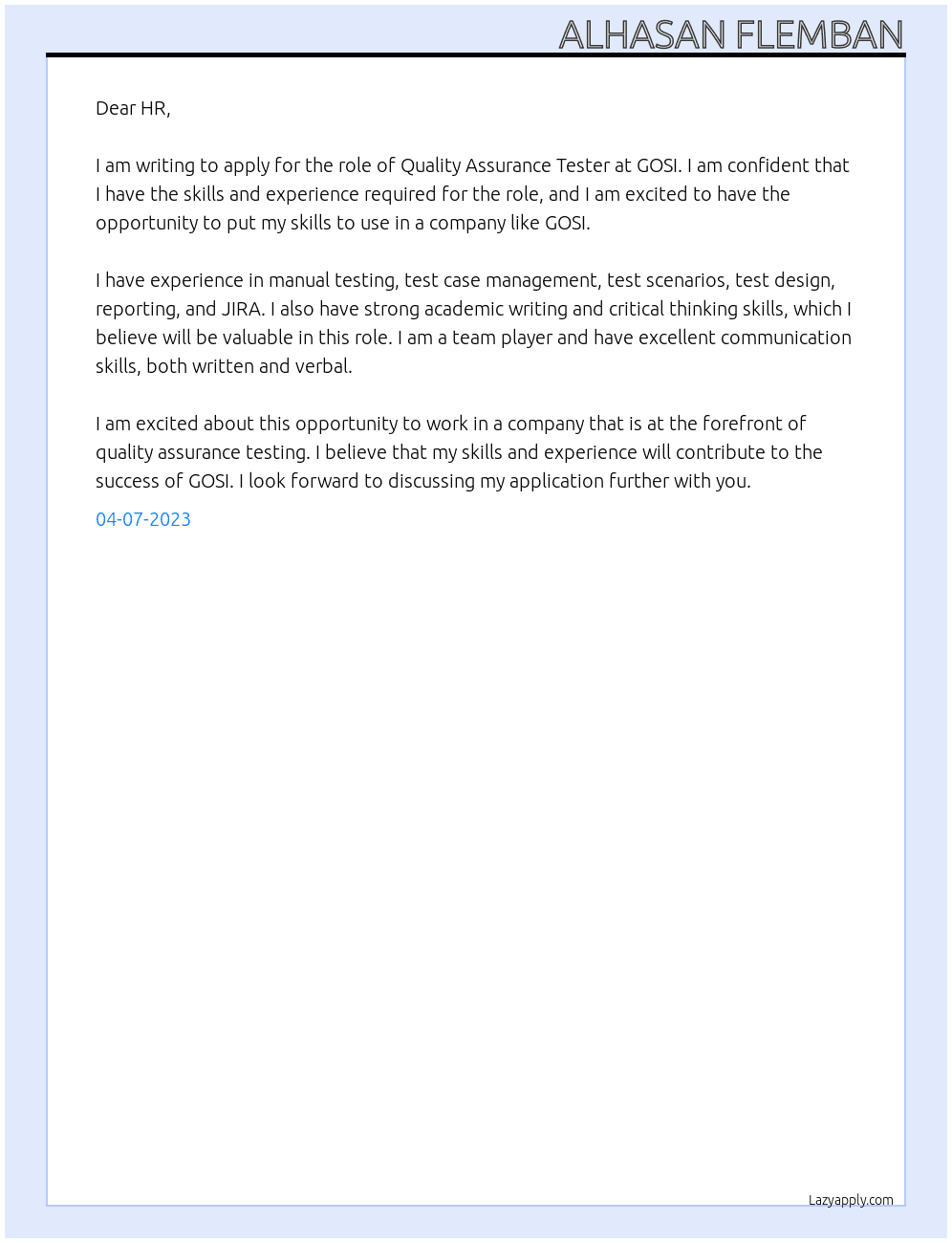 Quality Assurance Tester At GOSI Cover Letter