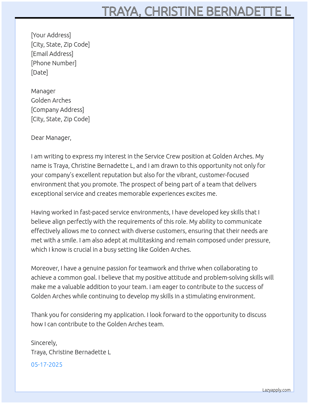 service crew At Golden Arches  Cover Letter