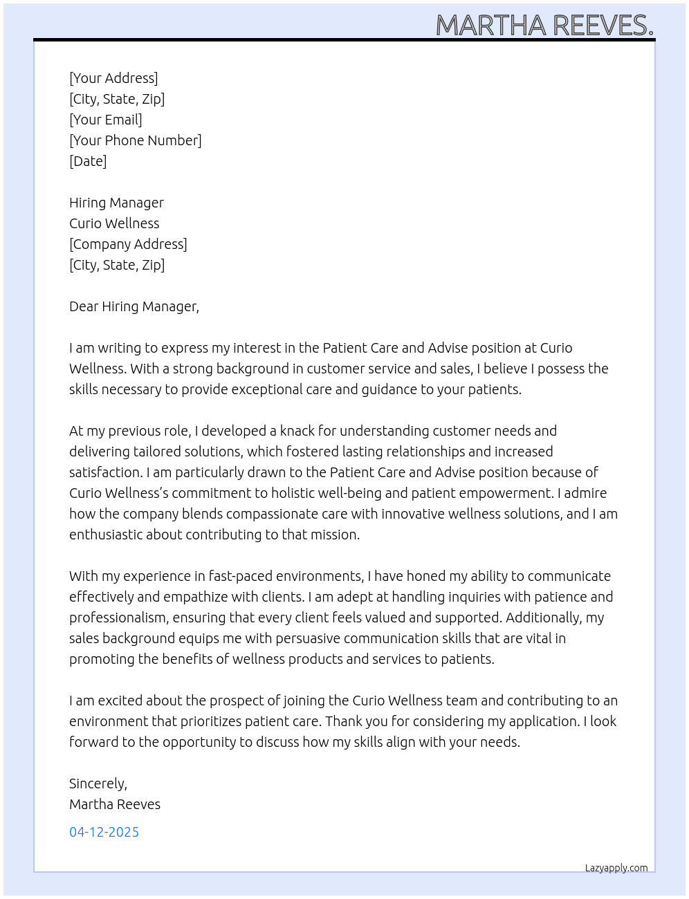 Patient care ad advise At Curio wellness Cover Letter