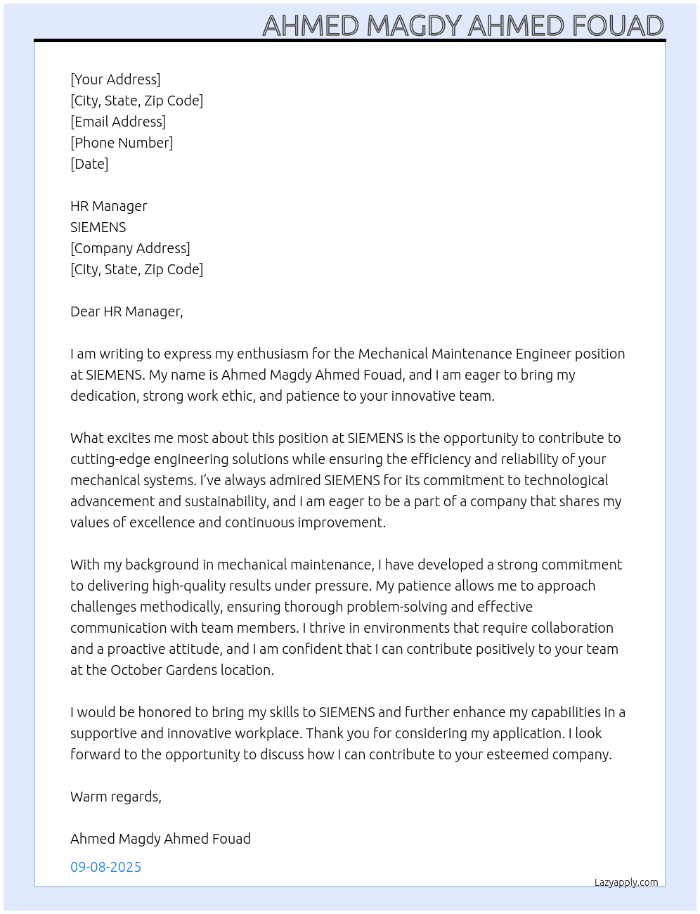 Mechanical Maintenance Engineer At SIEMENS Cover Letter