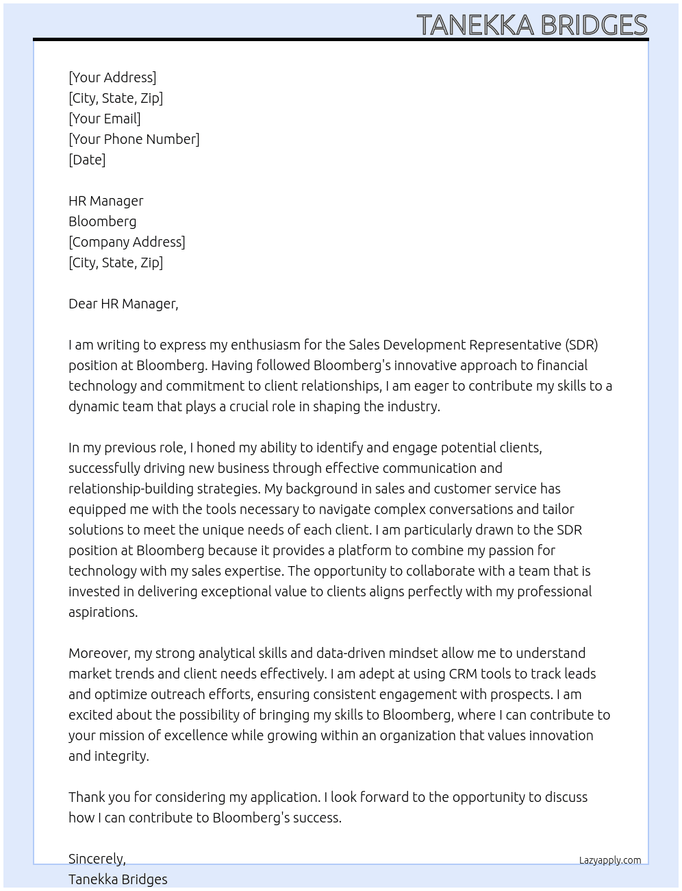 Cover letter for sdr - LazyApply