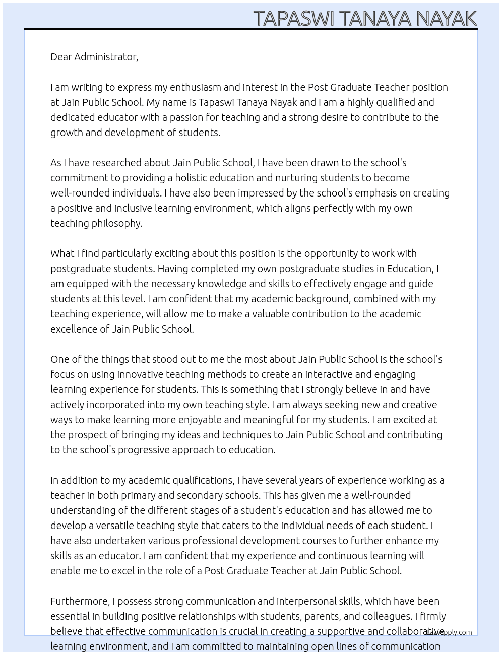 Post graduate teacher At Jain Public School Cover Letter