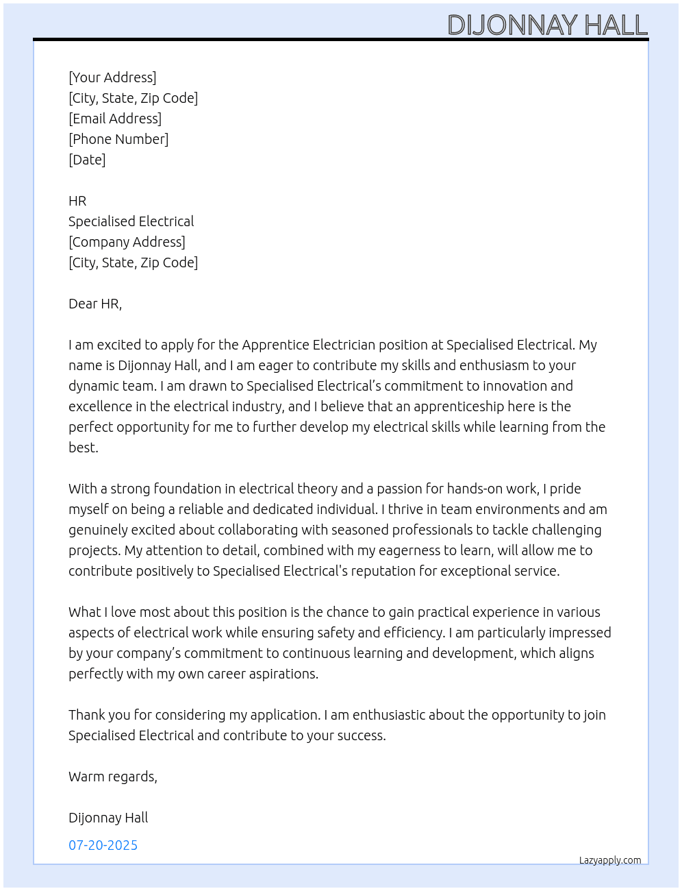Apprentice electrician   At speacalised electrical Cover Letter