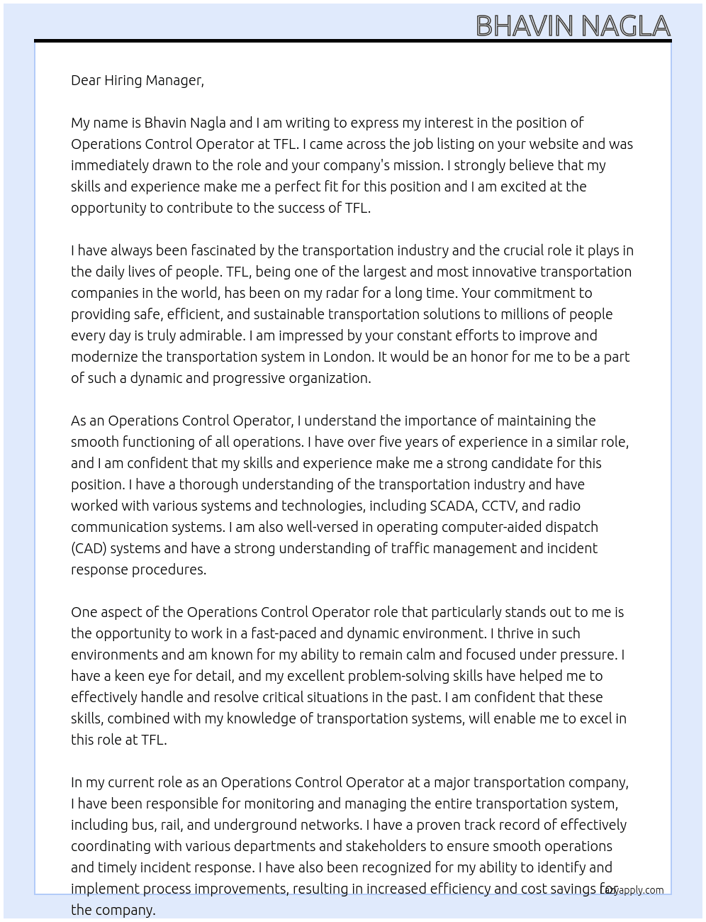 Operations Control Operator At TFL Cover Letter