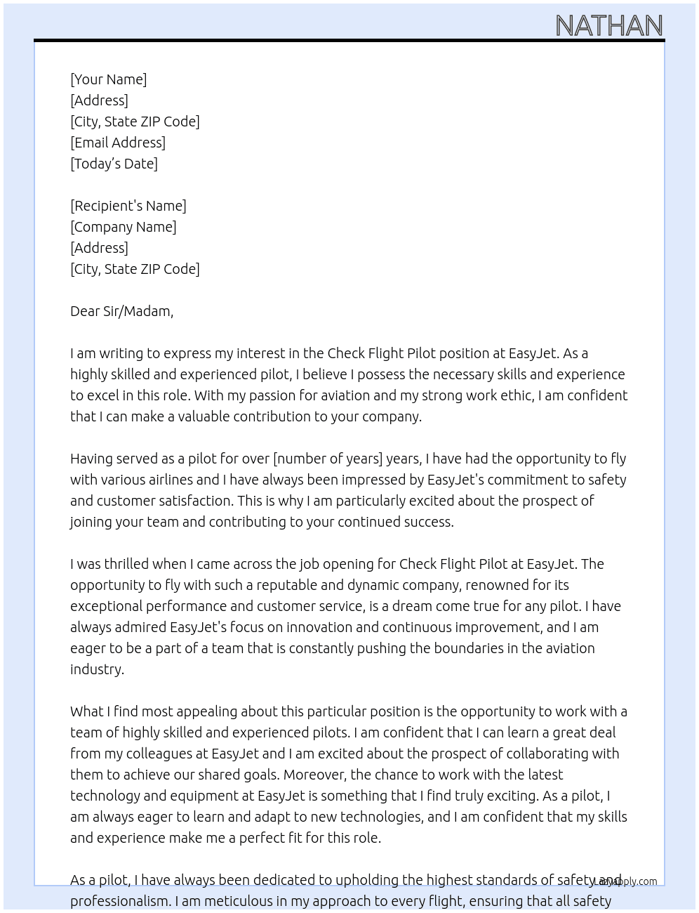 Check flight pilot At EasyJet Cover Letter