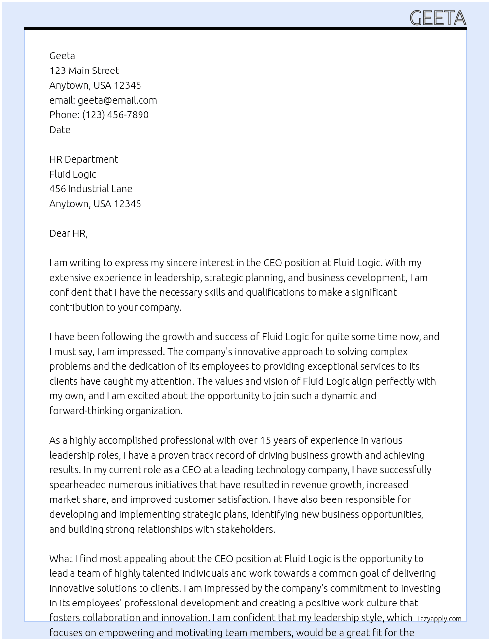CEO At Fluid Logic Cover Letter