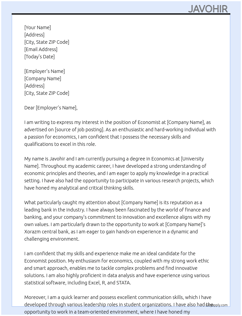 Economist At Bank Cover Letter