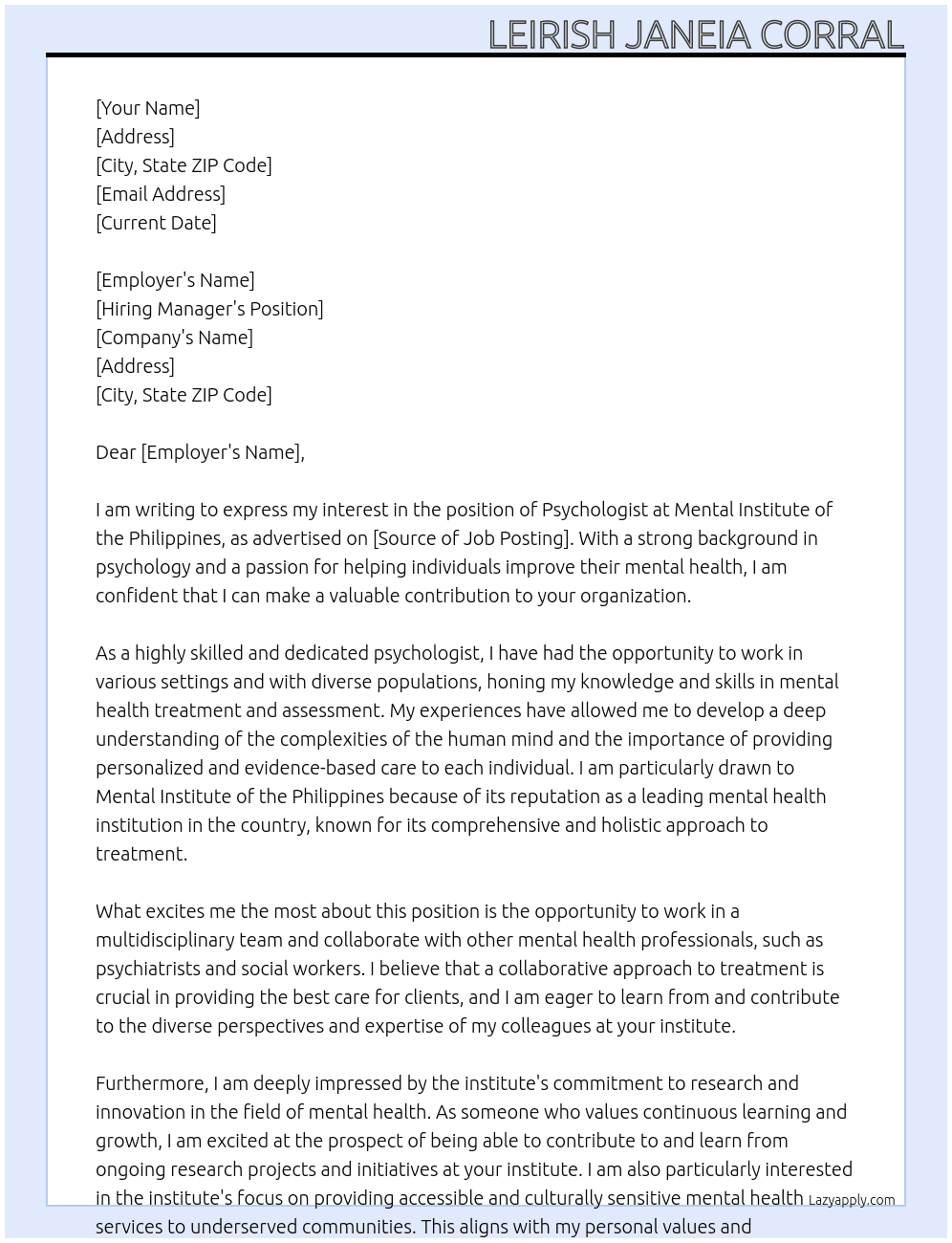 Psychologist At Mental institute of the Philippines  Cover Letter