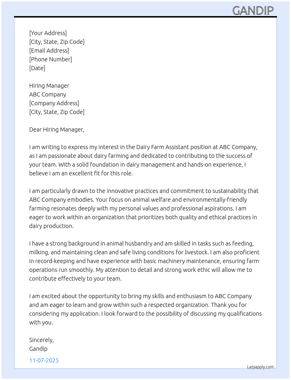 Dairy farm assistant  At Abc company  Cover Letter