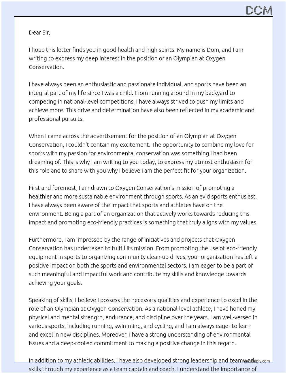 Organisation olympian At Oxygen Conservation  Cover Letter