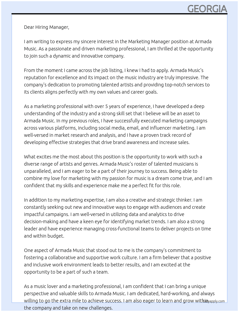 Marketing Manager At Armada Music Cover Letter