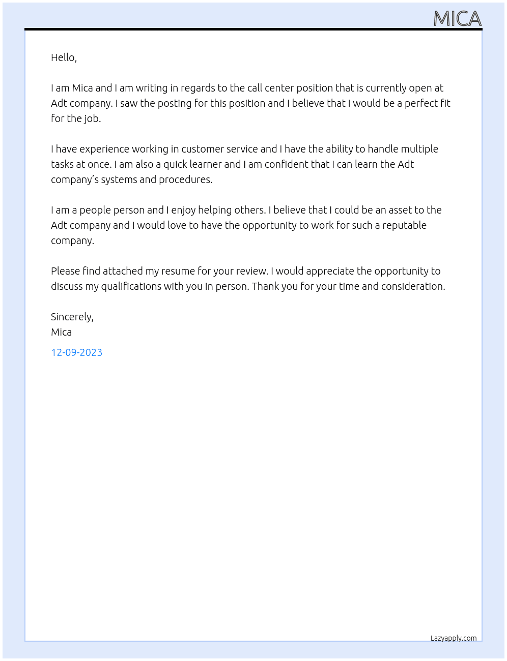 Call center  At Adt company  Cover Letter