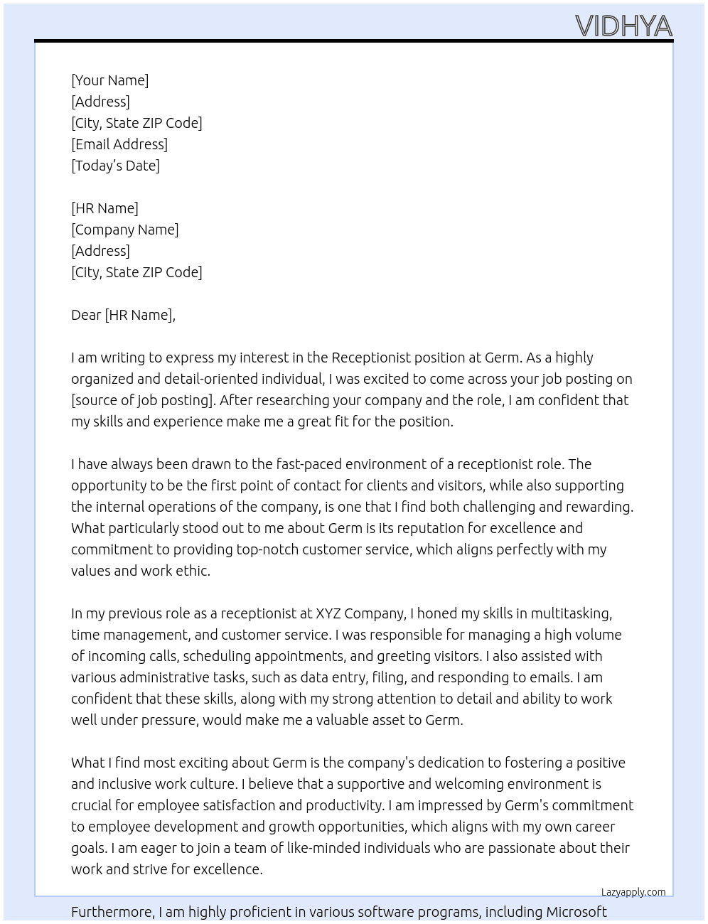Receptionist At Germ Cover Letter