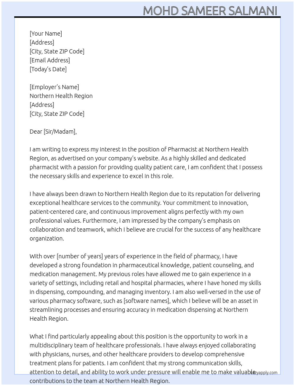 Pharmasist  At Northern health region Cover Letter