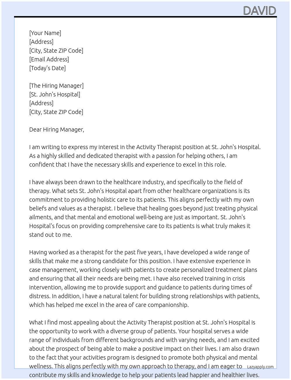 Activity Therapist At St. John's Hospital Cover Letter
