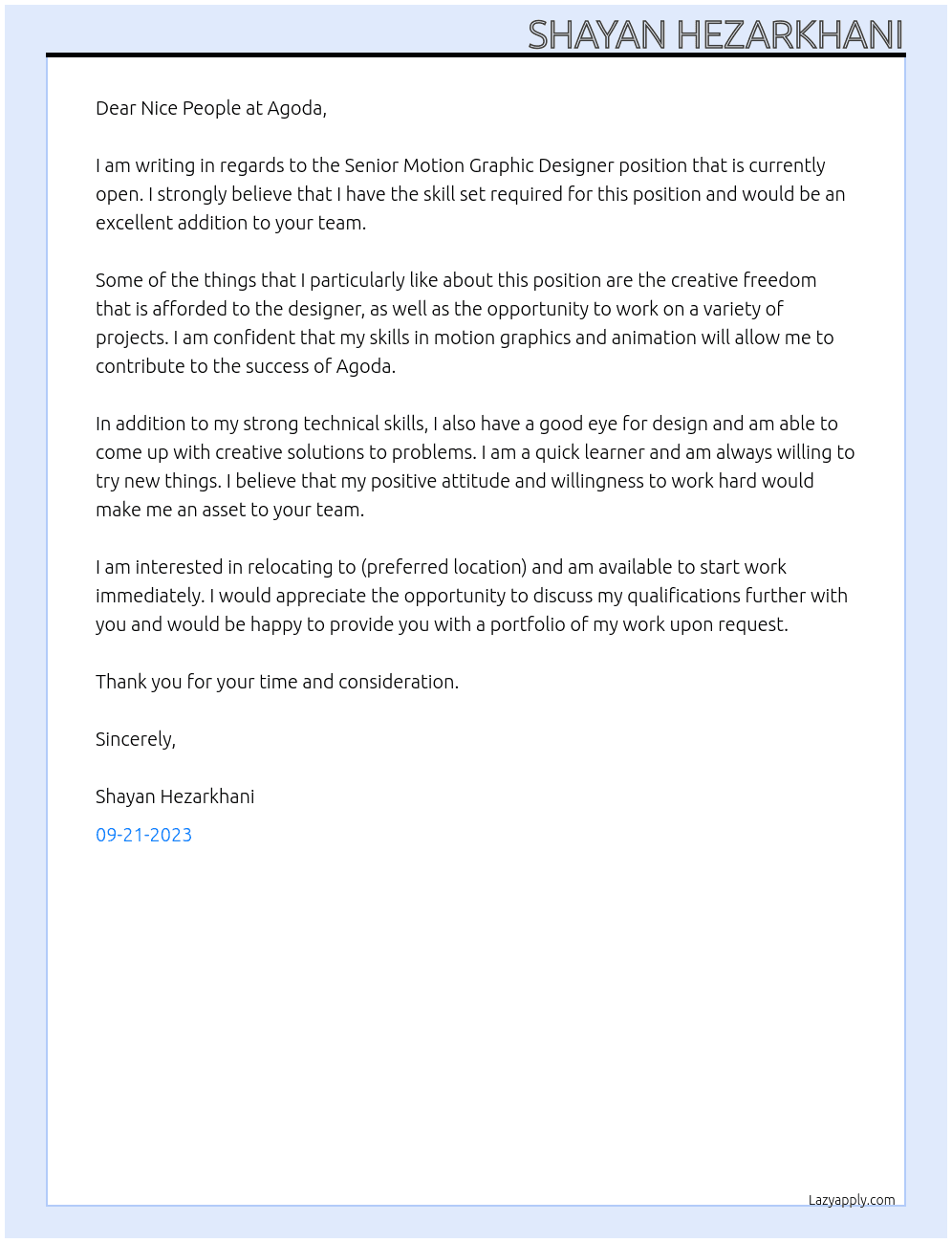 Senior Motion Graphic Designer At Agoda Cover Letter