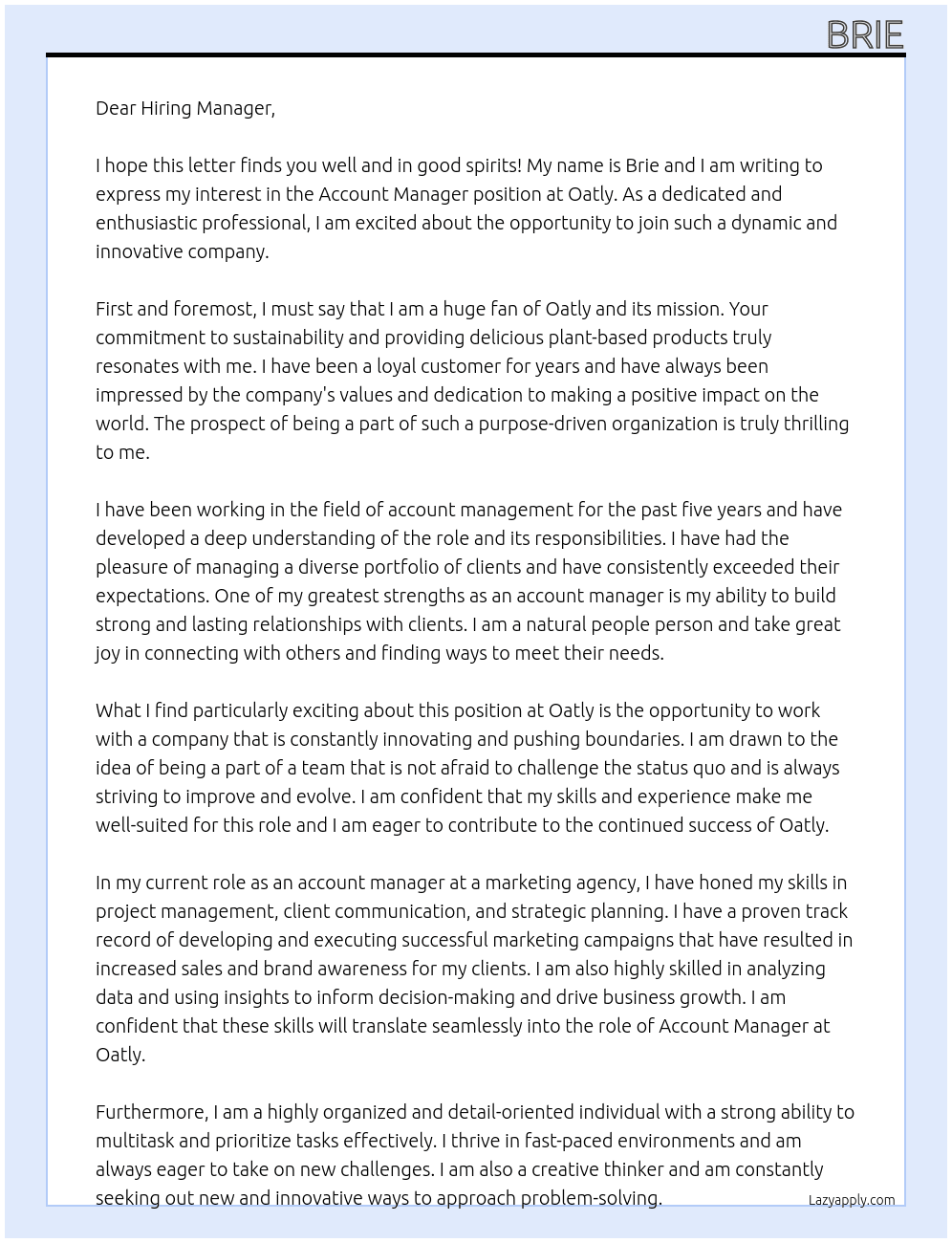 Account Manager At Oatly Cover Letter